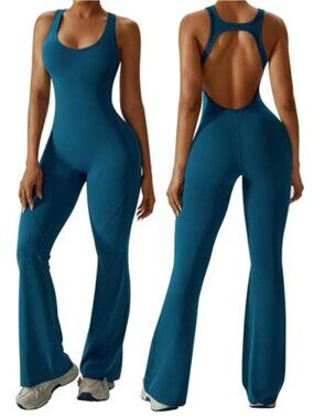 Womens Flare Jumpsuit Tummy Control Cutout Romper Workout Sleeveless Unitard